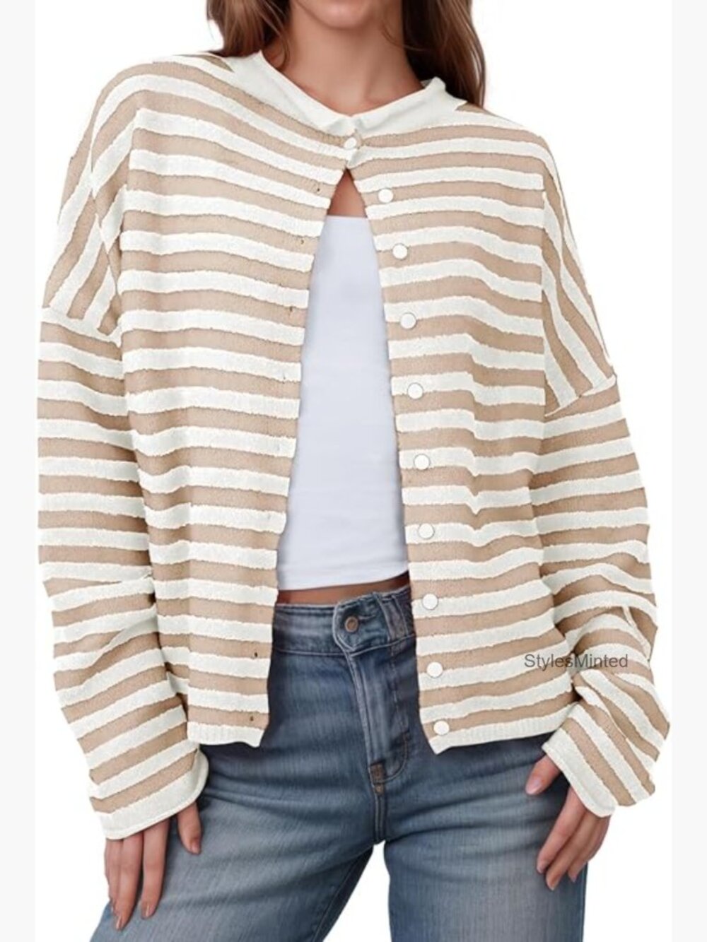 Striped Cardigan Long Sleeve Open Front Button Down Loose Knit Lightweight Fall